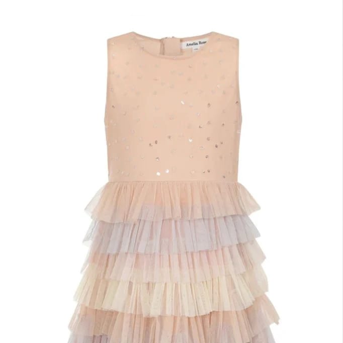 Jeannie Sequin Bodice Dress with Multicoloured Tiered Skirt