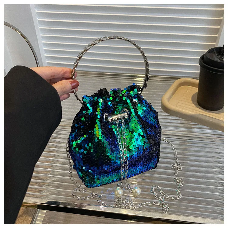 GREEN SEQUIN BUCKET CROSSBODY BAG